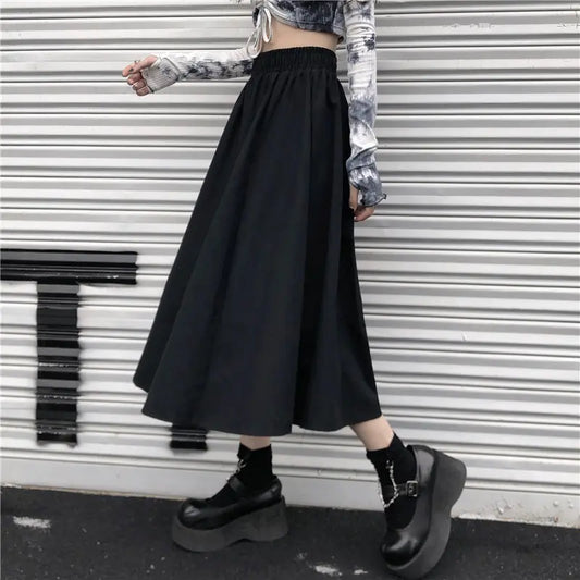 Japan Style Solid Women Skirts Summer New 2021 Elastic Waist A-Line Knee-Length Casual Female Skirts Clothing Oversize 5XL